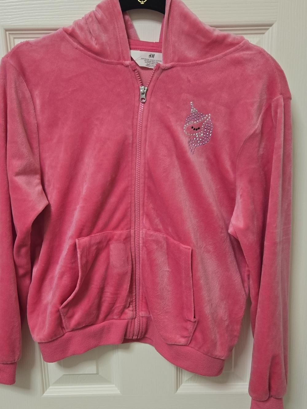 H&M Pink Girls' Velour Zip-Up Hoodie with Rhinestone Unicorn (Size 8/10)